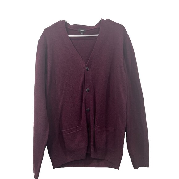 Uniqlo Sweater Mens L Burgundy 100% Wool Knit Cardigan Preppy Schoolboy Holiday - Picture 1 of 7